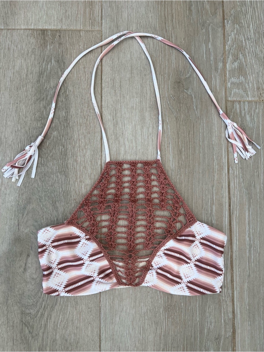 Acacia Crochet High-Neck Bikini Top in Rust & Cream. Size small